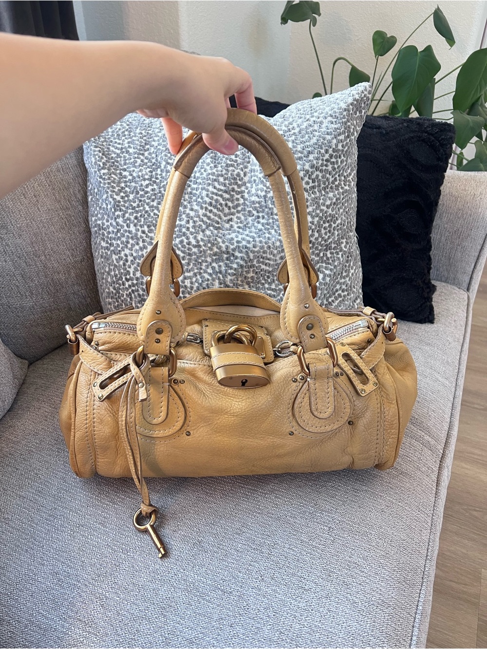 Chloe Paddington Tan Beige Mustard Leather Handbag with Gold Accents